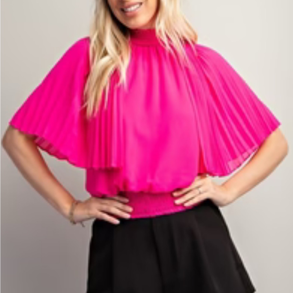 Glam Pink Flutter Sleeve Pleated Blouse